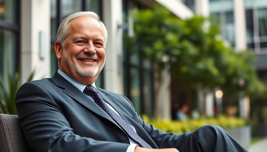 Confident man in suit sitting outdoors with modern building background