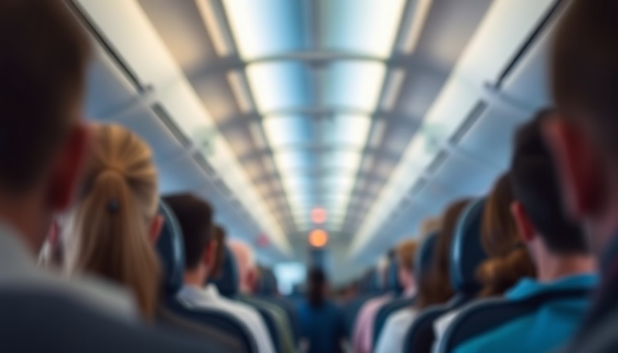 Airplane cabin scene with visible passengers and focus on front.