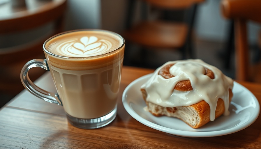 Latte with foam art and cinnamon roll, best coffee shops in Houston.