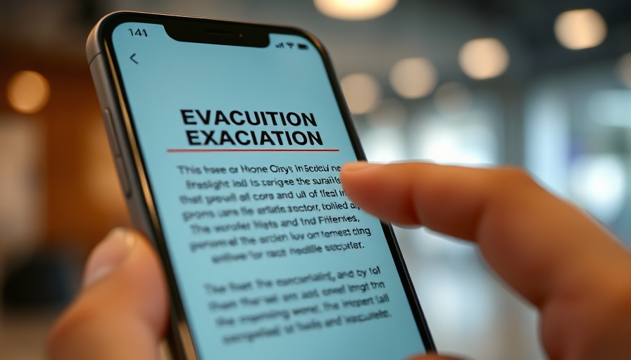 Smartphone showing Bexar County evacuation notice indoors.