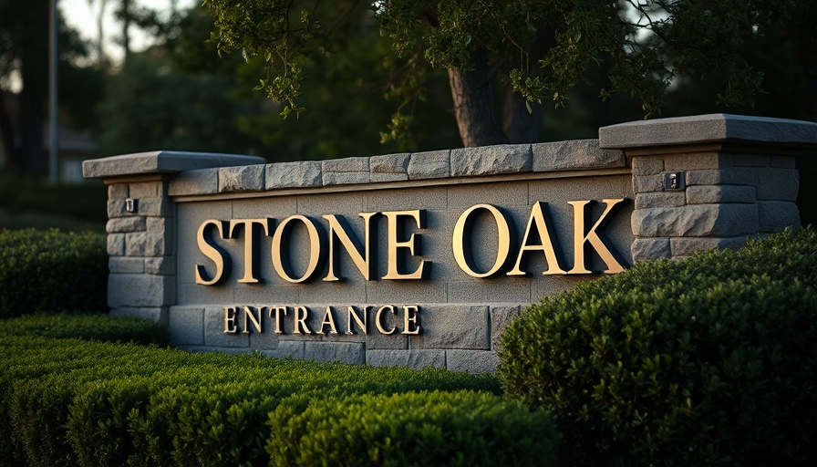 Stone Oak entrance sign surrounded by greenery at dusk.