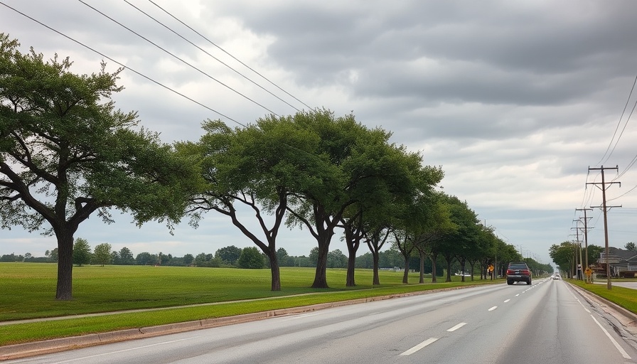 Stone Oak road with grassy medians and overcast sky