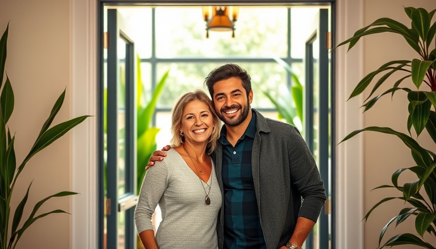 Couple celebrating at a party, smiling in open door, Austin entertainment.