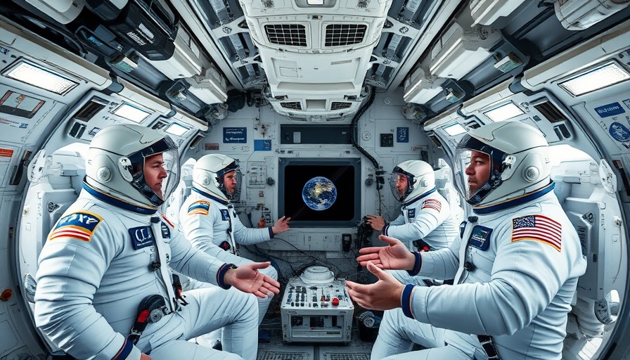 Astronauts discussing SpaceX rescue mission, space station interior.
