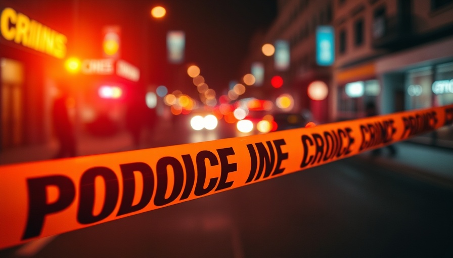 Police tape with glowing lights at night during crime scene investigation.