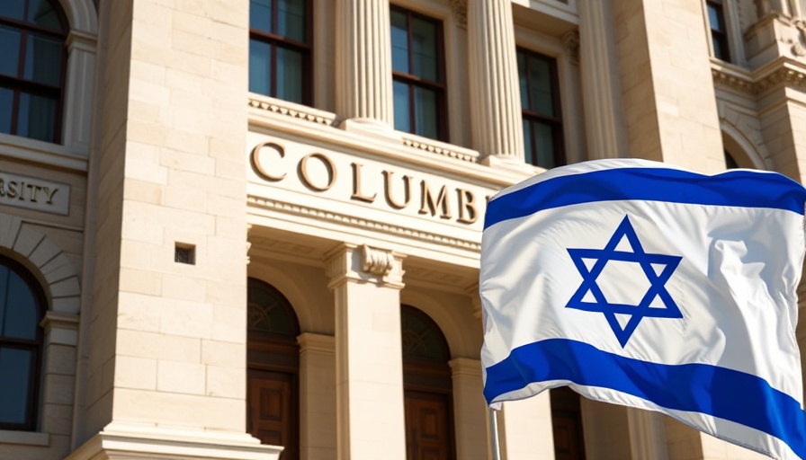 Columbia University facade with Israeli flag in focus, symbolizing educational and cultural themes.