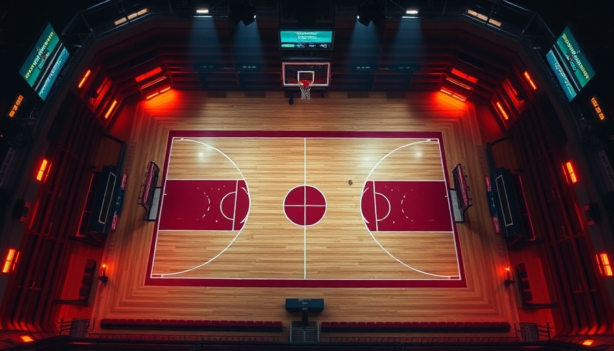 Detailed view of a basketball court setup under spotlight lighting.