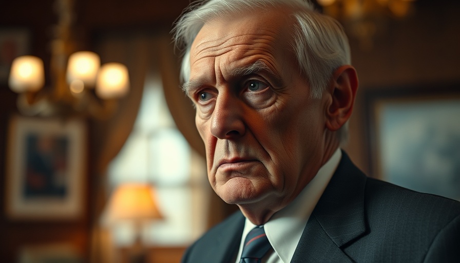 Elderly man in suit, contemplative expression in warm light.