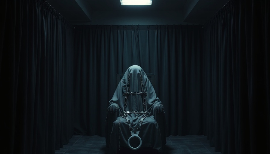 Execution chamber with covered chair and restraints, somber atmosphere.