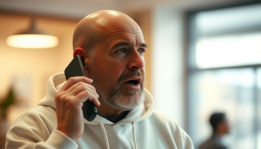 Man in white hoodie holds phone, speaks passionately indoors.