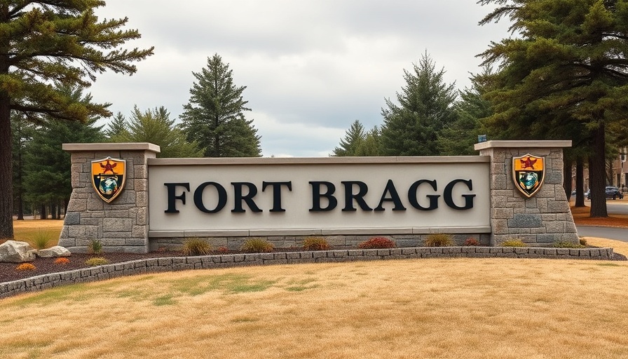 Fort Bragg entrance sign under overcast sky in North Carolina