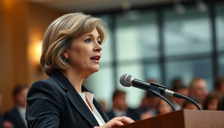 Democrat Senator discussing re-election decision at podium