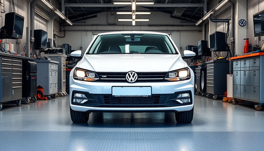 Volkswagen car in garage during vehicle recall inspection.