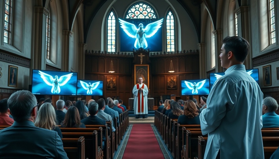AI church service in Finland with digital angel on screen