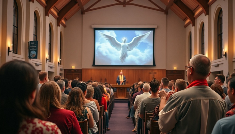 AI-Created Church Service with digital angelic imagery.