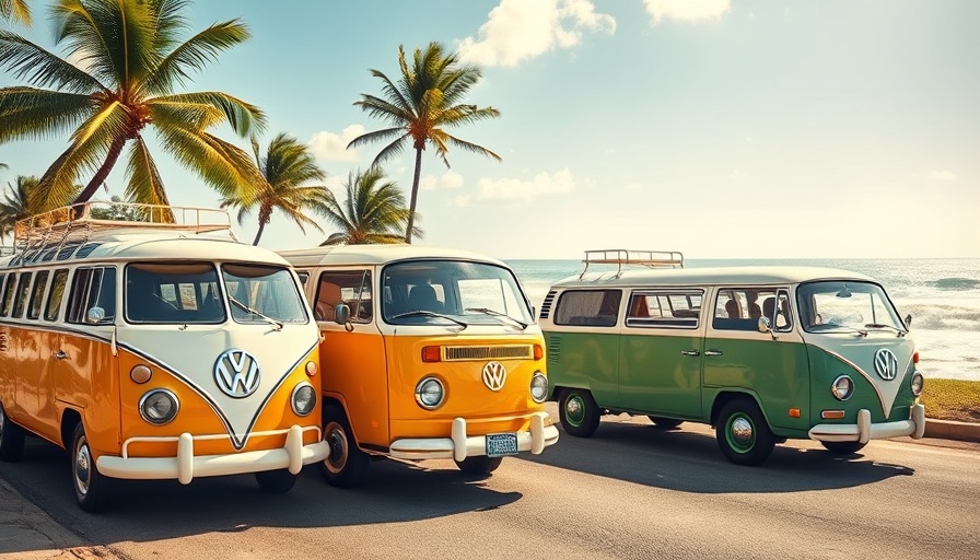 Classic VW Microbuses by the beach under bright sun