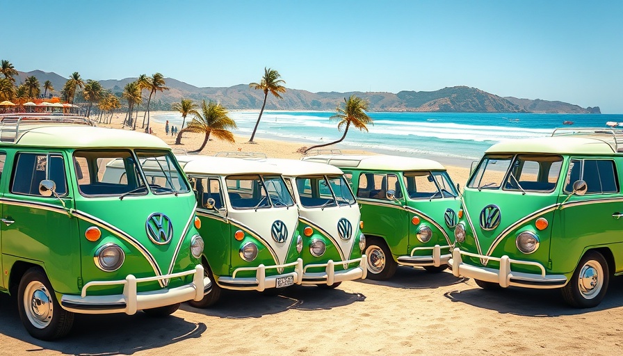 Row of vintage Volkswagen Microbuses near the beach, sunny day.