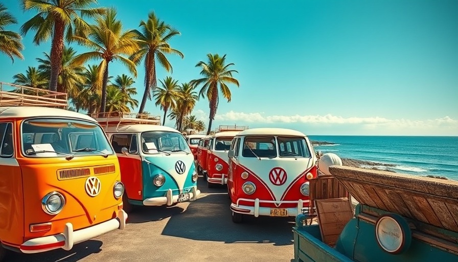 Classic VW buses lined up, coastal backdrop, representing VW ID. Buzz electric revival