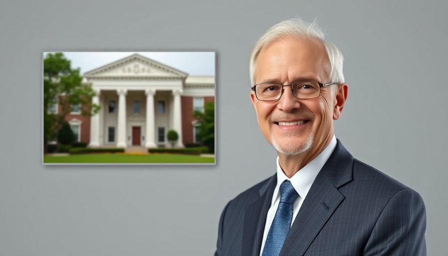 Portrait of a smiling older man with courthouse inset, soft lighting.