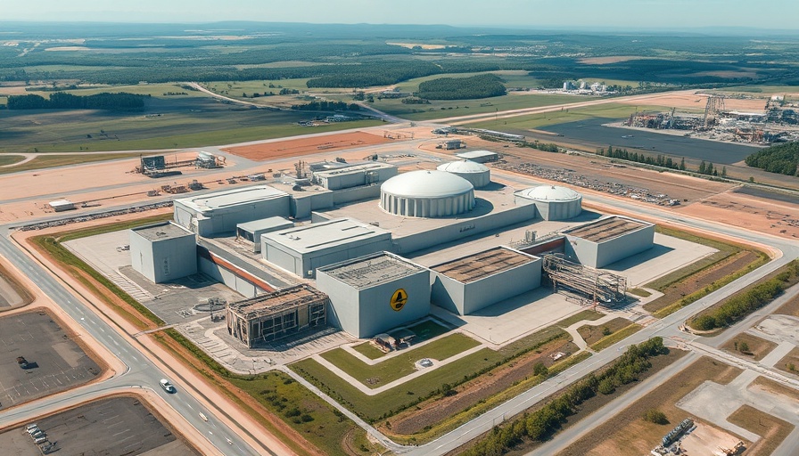 Aerial view of advanced nuclear waste storage facility, safety features.