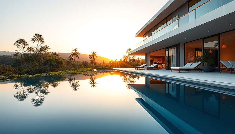 Seabrook luxury home with sleek modern design and pool at sunset.