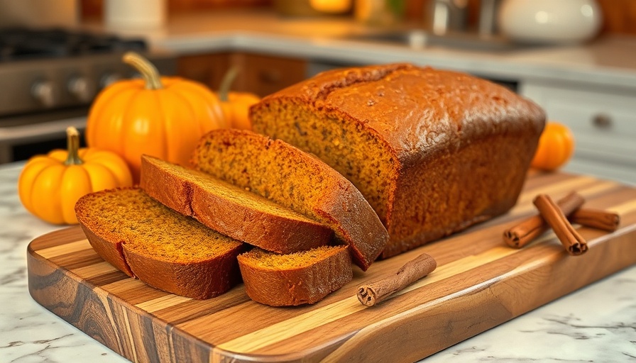 Freshly baked healthy pumpkin bread loaf with slices on rustic board.