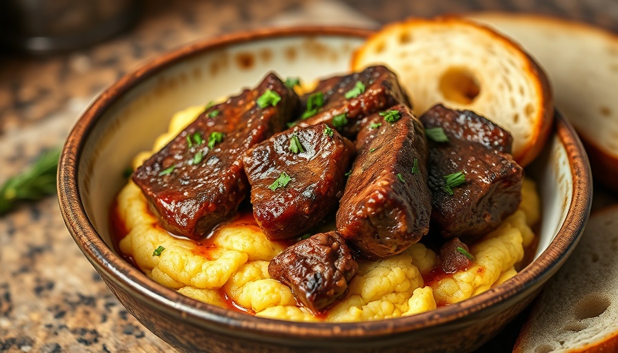 Slow cooker short ribs over polenta with herbs.