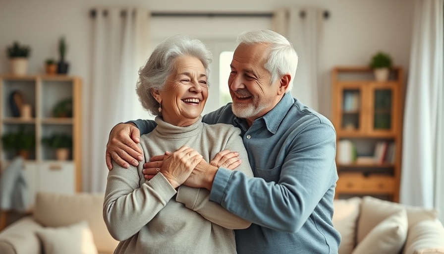Joyful elderly couple embracing in a cozy living room.