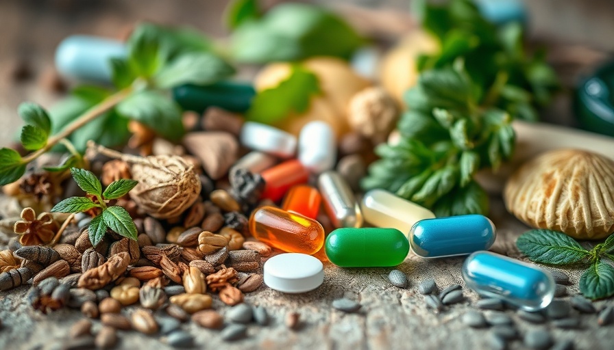 Herbal remedies and pharmaceutical medication juxtaposition.