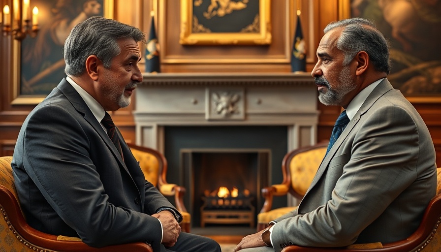 Two leaders in a detailed discussion in an official room.