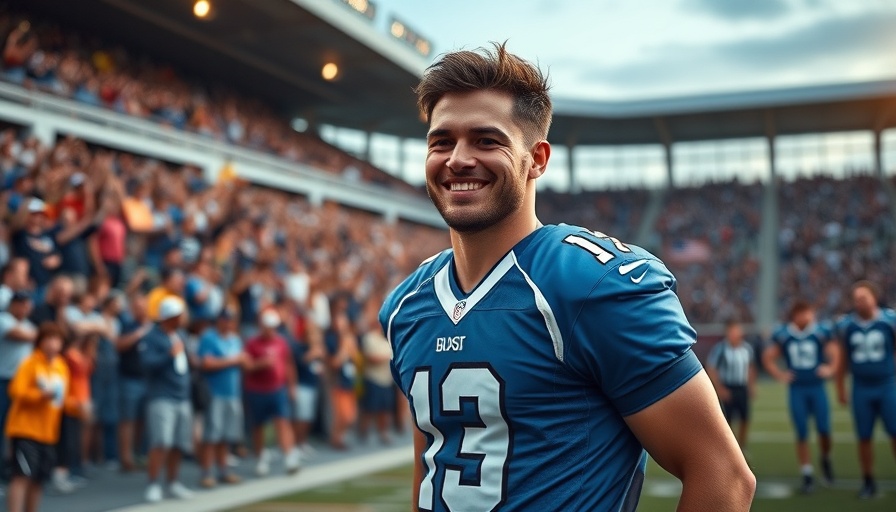 Athlete smiling on football field surrounded by fans at stadium.