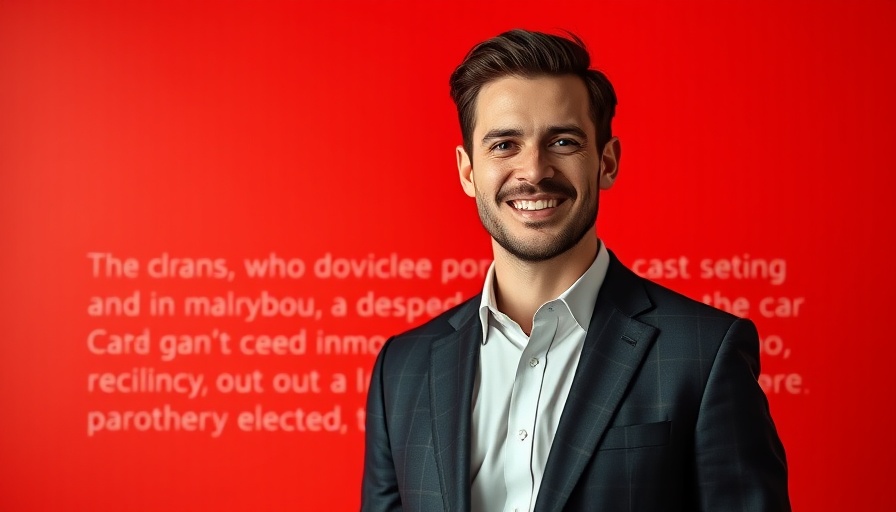 Confident man smiling in front of red backdrop.