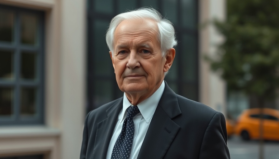 Elderly man in suit outside, serene expression, photorealistic.