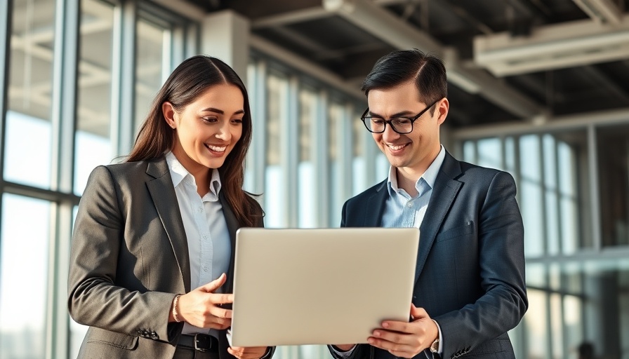 Two professionals discussing insurance savings in modern office.