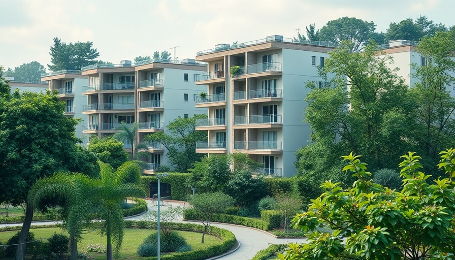 Modern apartment project in Audubon community surrounded by greenery.