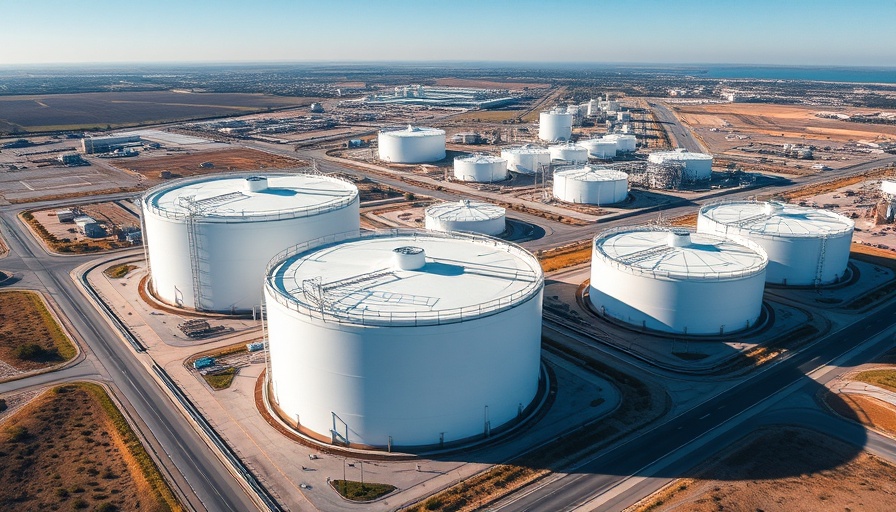 Aerial view of oil storage tanks related to Strategic Petroleum Reserve Refill Costs.