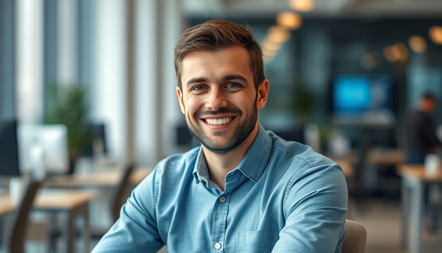Man in office smiling, representing impact of FAA staffing crisis on airlines.