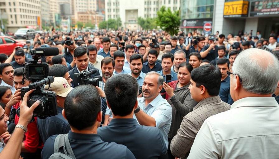 Diverse group interacting with media in urban setting.