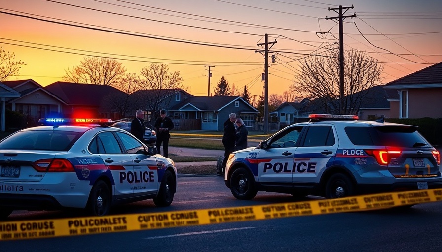 San Antonio crime scene with police cars and caution tape at sunset.