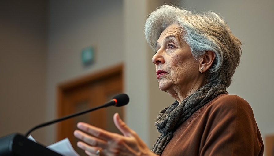 Elderly woman presenting in a neutral room, honoring Holocaust survivors.