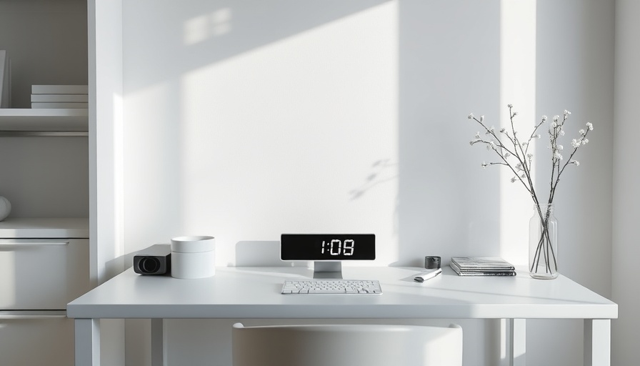 Minimalist workspace with digital clock and flowers; Simple Ways to Reset Throughout Your Workday.
