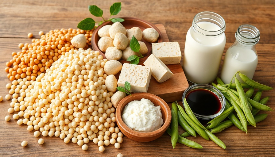 Soy products including tofu, soybeans, edamame, soy milk, and sauce on a table.