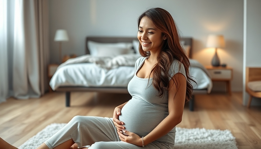Pregnant woman sitting relaxed on bedroom floor, smiling.