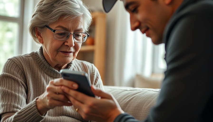Senior woman learning smartphone use with assistance.