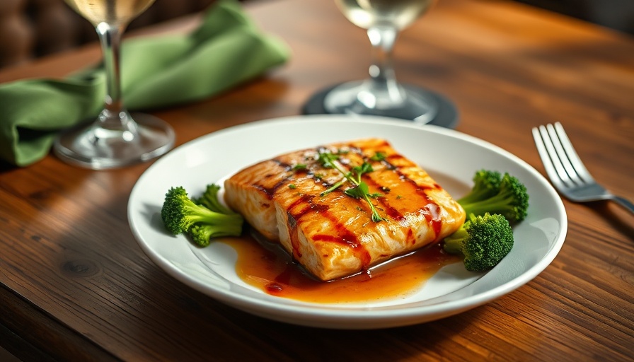 Miso maple glazed salmon elegantly plated with broccolini.