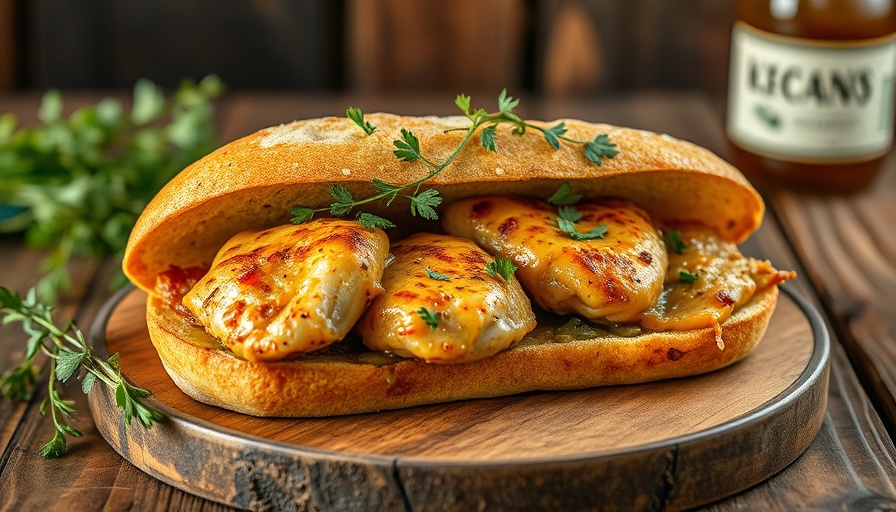 Herby mustard roasted chicken sandwich on rustic table.