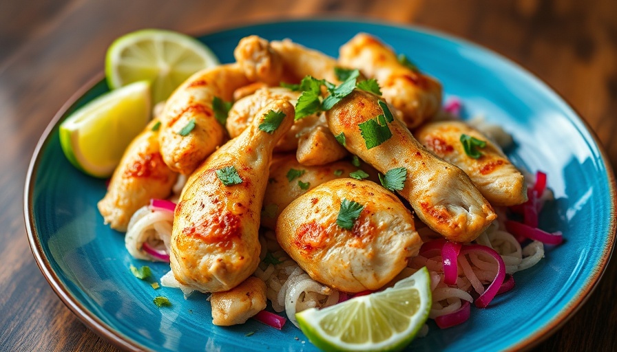 One Pan Coconut Lime Chicken on a blue plate with lime garnish.