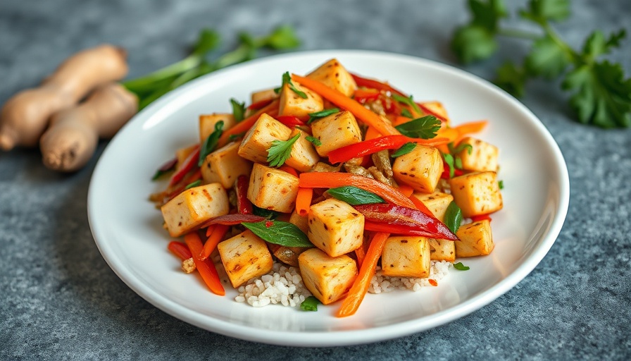 One Pan Coconut Lime Tofu dish with vegetables on white plate