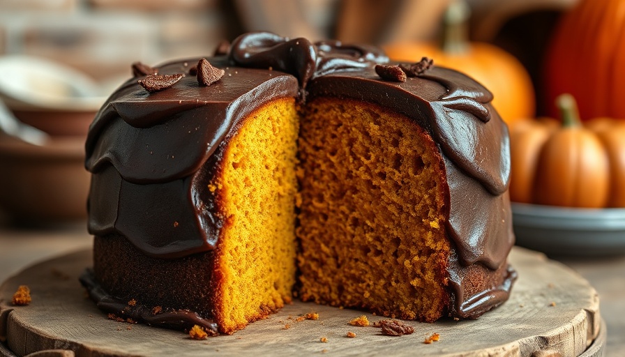 Pumpkin cake with dark chocolate frosting sliced open, showing moist texture.