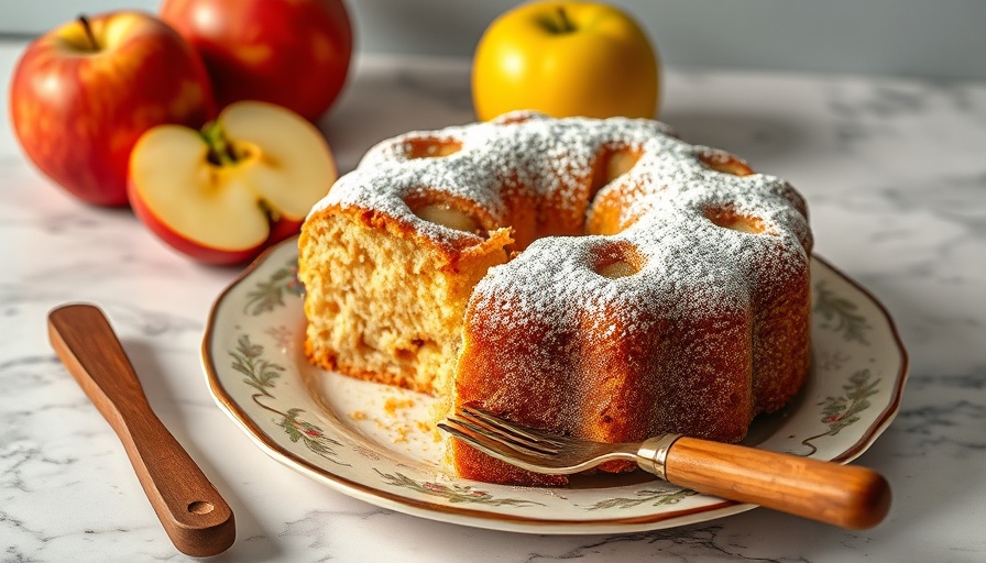 Healthy apple cake slice with powdered sugar on marble.